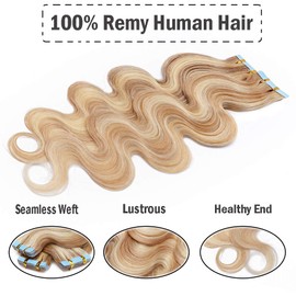 16 Inch 20pcs 50g Remy Tape in Hair Extensions Wavy Human Hair Highlight Body Wave Hair Seamless Skin Weft Glue in Human Hairpieces 2 Tones Balayage #18/613 Ash Blonde Mix Bleach Blonde