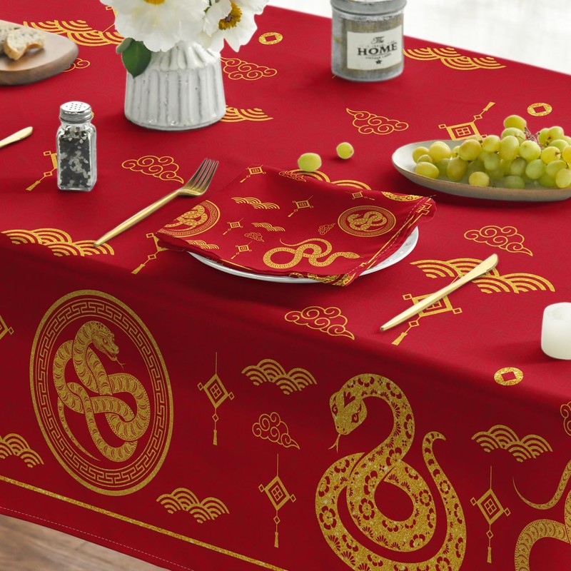 Horaldaily Newyear Tablecloth 52×70 Inch Rectangular, Chinese Snake Lunar New
