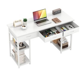 CAIYUN Small Desk with Fabric Drawers, 32 Inch White Vanity Desk for Bedroom, Home Office Computer Desk for Small Space, Modern Work Laptop Study Table, Kids Writing Desk with Storage Bag & Hook