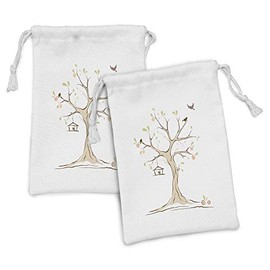 Ambesonne Tree of Life Fabric Pouch Set of 2, Mature Apple Fying Birds and the Nest Fruit Family Nature Food Image, Small Drawstring Bag for Toiletries Masks and Favors, 9" x 6", Multicolor
