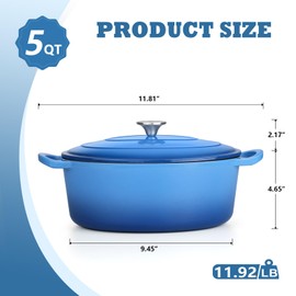 P&P CHEF Oval Dutch Oven with Lid, Enameled Cast Dutch Oven Pot for Bread Baking, Braising, Stewing, Roasting, Non-Stick & Oven Safe, Dual Handles & Easy Clean, 5QT & Blue