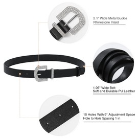AWAYTR Rhinestone Buckle Belt for Women - PU Leather Plus Size Belts for Jeans and Dress (Black, Fit Waist 21"-34")