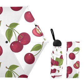 Sweet Red Ripe Cherries with Leaves Isolated on White Small Mini Anti-UV Compact Travel Umbrella, 5 Folding Ultra-Light Umbrella, 6 Ribs Pocket Windproof Foldable Vinyl Parasol
