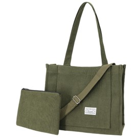 UERRUAM Tote Bag for Women,Corduroy Purse with Zipper Makeup Pouch,Shoulder Crossbody Bag for Work,Everyday,College,2pcs,Army Green