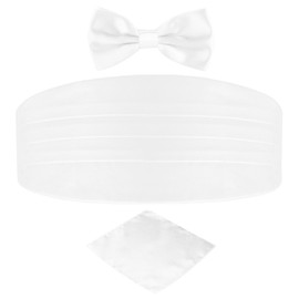 DonDon Men's triple pack with colour coordinated cummerbund bow tie breast pocket handkerchief perfect for special occassions - White