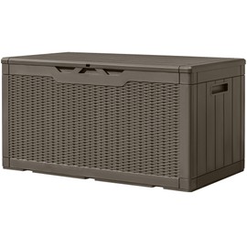 Greesum 100 Gallon Resin Deck Box Large Outdoor Storage, Imitation Rattan Weave Texture for Patio Furniture, Garden Tools, Pool Supplies, Weatherproof and UV Resistant, Lockable, Light Coffee