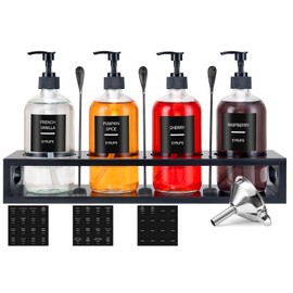 Syrup Dispenser for Coffee Bars, Glass Syrup Bottle with Storage Shelf and Spoons,16.9 oz 500 ml Syrup Dispensers,Set of 4 Black Upgraded Dispenser with Pump,48 Labels