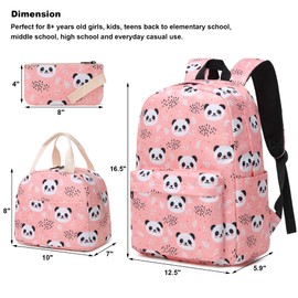 Kouxunt Panda Girls School Backpacks for Kids Teens, 3-in-1 School Bag Bookbags Set with Lunch Bag Pencil Case (Pink)