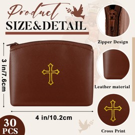 Shinylin 30 Pcs Rosary Pouches with Zipper Catholic Rosary Cases 4 x 3 Inches PU Leather Rosary Holder with Gold Cross Imprint (Brown)