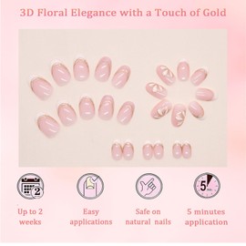 24PCS Nude Pink Short Almond Press-On Nails, French Tip Fake Nails with 3D Flower & Gold Glitter, Glossy Reusable Stick-On for Women, DIY Manicure Set for Elegant Styles