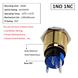 Zoyseay 19mm Push Button Switch Gold Plated 5A 12-24V LED Light, Premium Elegant for Electronics, DIY Projects, PC Customization (24K Gold Finish, Anti-Corrosion) - 1 Pack (Momentary, Blue)