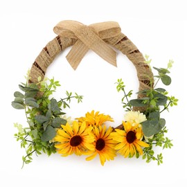 13 Inches Sunflowers Artificial Flowers, Summer Wreaths for Front Door with a Bow, Eucalyptus Wreath for Wall Window Farmhouse Party Holiday Home Decor