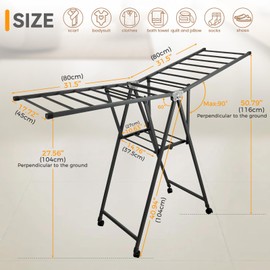 AssHMKIT Clothes Rack, 2-Tier Drying Hanger, for 20 Pieces+, Foldable and Space Saving, Portable, Indoor or Outdoor Use, Solid Metal Clotheshorse, Nice for Mum, Gray (1.6 m Wing Length)