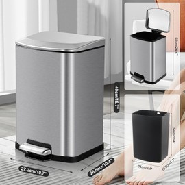 SYNCVIBE Bathroom Trash Can with Lid Soft Close 4 Gallon Small Kitchen Stainless Steel Garbage Can Rectangle Trash Bin for Narrow Office Kitchen Bedroom (Silver)