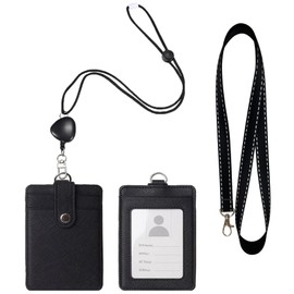 ID Badge Holder, Quick Release Lanyard ID Holder, Leather Badge Holder with Retractable Lanyards, Vertical ID Card Holder with 3 Card Slots, Adjustable Name Tag Badge Clips for Office (Black)
