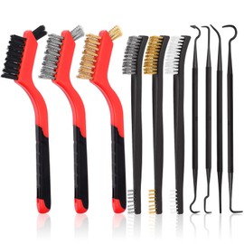 Swpeet 10Pcs Wire Brush Set, Brass Stainless Steel Nylon Wire Brushes with Curved Handle Grip, Gun Cleaning Brush and Pick Set, Double-Ended Cleaning Pick for Rust Removal, Dirt, Paint Scrubbing