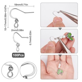SUNNYCLUE 1 Box 100Pcs 304 Stainless Steel Earring Hooks Fish Hook Earring Wires Silver Earrings Findings Ball Dot Earwires French Ear Hooks for Jewellery Making Women Adults DIY Dangle Ear Crafts
