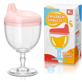 Irenare 1 Pcs Baby Wine Sippy Cup Plastic Goblet Cup No Spill Wine Glass Baby Sippy Goblet Glass Beverage Mug Milk Bottle with Lid for Kids (Pink)
