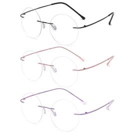 KOOSUFA Titanium Rimless Round Reading Glasses +3.0 Blue Light Blocking Eyeglasses Readers Frameless Lightweight Eyewear for Men Women, Black+pink+purple
