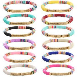 HYHONEY 12pcs/set Heishi Bracelet Surfer Bracelets for Women Stackable clay Beaded Stretch Bracelets Elastic Layering Bracelets Boho Summer Beach Bracelets Jewelry, adjustable, clay