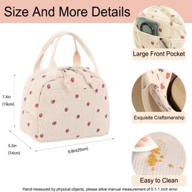 Lunch Bags for Women Insulated Cooler Lunch Bag Adults Kids Packed Lunch Box Tote Bag Cute Girls Ladies Lunch Bags for Work School Picnic Travel Beach(Beige Strawberry)