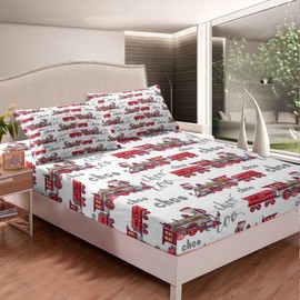 Kids Train Fitted Sheet Twin Size Cartoon Car Bedding Set for Boys Girls Choo-Choo Train Tracks Bed Sheet White Red Construction Vehicle Deep Pocket Sheet Teens Bedroom Decor,1 Pillowcase