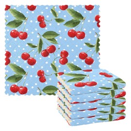 Eyanle Kitchen Towels 6 Pack Dish Cloths for Washing Dishes Kitchen Towels and Dishcloths Sets Dish Towels for Kitchen Drying Microfiber Absorbent Light Blue Dots Red Cherry