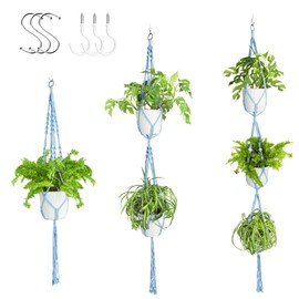 XXXFLOWER 3 Pack Macrame Plant Hanger Indoor Set with Hooks Handmade Woven Cotton Rope Flower Pot Crochet Plant Holder Stand Boho Plant Decor Hanging Planter Baskets Set of 3 with Beads Blue