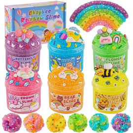 Okaybee 6 Pack Snow Fizz Crunchy Slime Kit, Rainbow Slime for Kids, with Slime Charms & Add-ins, Slime Party Favors Sensory Toys, Holiday Birthday Easter Hallowmas Christmas Girls Gift & Boys Gift