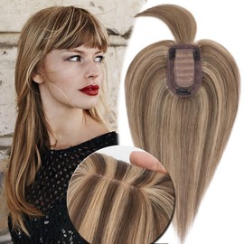 MY-LADY Human Hair Toppers for Women Real Remy Hair 150% Density 7 * 13CM Silk Base with Bangs Clip in Hair Pieces Straight Hairpiece for Thinning Hair 16 Inch #4P27 Medium Brown & Dark Blonde