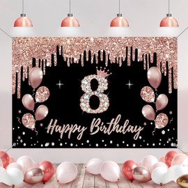 Tecreo 8th Birthday Decorations for Girls, Party Decoration Black and Rose Gold, 8th Birthday Fabric Sign Hanging Poster, 8th Birthday Background Banner Party Welcome Sign