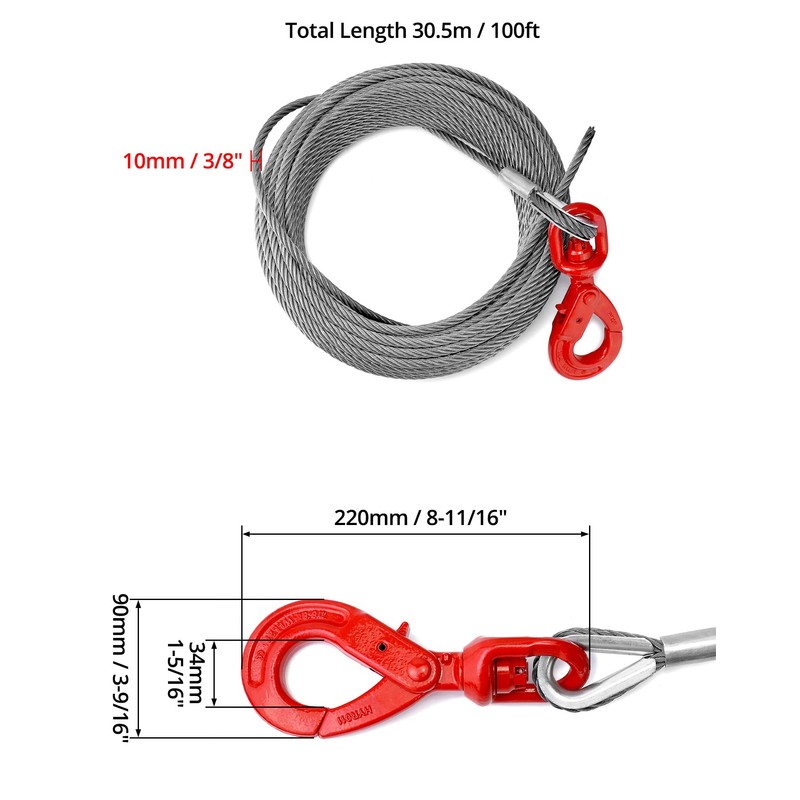 QWORK Heavy-Duty 3/8" x 100' Wire Rope Steel Core Winch