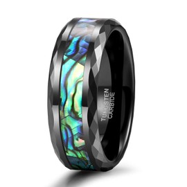 8mm Tungsten Carbide Rings Abalone Shell Inlay for Men Black Faceted Edge Wedding Bands Size 12
