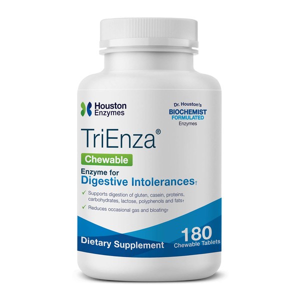 Houston Enzymes – TriEnza – 180 Chewable Tabs (45 Doses) –Broad-Spectrum Enzymes for Digestive Intolerances –Supports Digestion of Gluten, Casein, Soy, Proteins, Carbohydrates, Sugars, Fats & Phenols