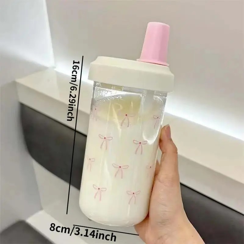 Cute Bow Pattern Straw Water Bottle, Clear Reusable Drinking Bottle