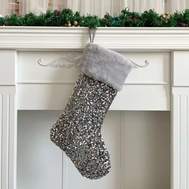Vanteriam Gray Christmas Stockings, 3 Pack Large Blingbling Glitter Sequin Xmas Stockings with Pom Pom Balls for Family Kids Xmas Fireplace Holiday Party Decorations