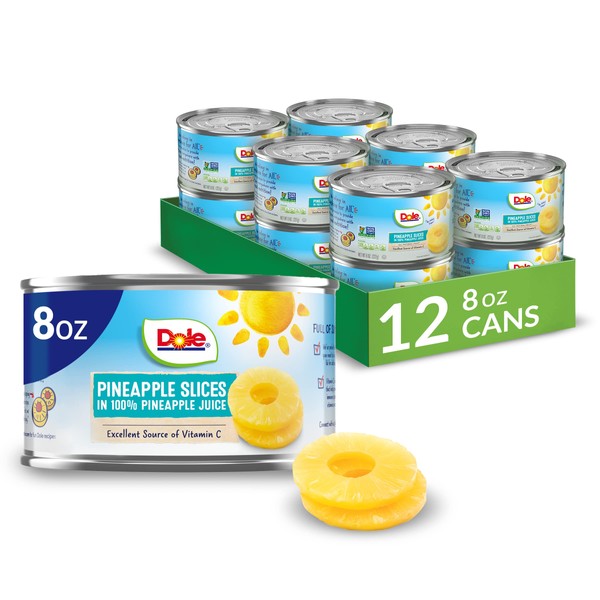 Dole Canned Fruit, Pineapple Slices in 100% Pineapple Juice, Gluten Free, Pantry Staples, 8 Oz, 12 Count