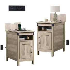 WLIVE Farmhouse End Table Set of 2 with Charging Station, Narrow Side Tables Living Room, Bedroom, Couch with USB Ports and Outlets, Wood Nightstand Sets with Storage, Greige