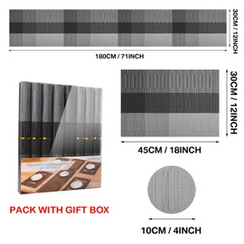 HEYOMART Placemats Table Mats Set with 6 x Placemats + 6 x Coasters + 1 x Long Table Mat Resistant Anti Slip Table Place Mats and Coaster Sets for Home Restaurant, Grey & Black