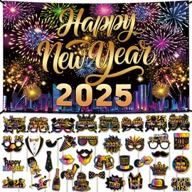 New Years Eve Party Supplies 2025 Colorful Happy New Year's Eve 2025 Party Photo Booth Props Supplies with Backdrop,Happy New Year Glasses 2025 for New Years Decorations 2025