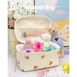PAZIMIIK Quilted Makeup Bag Large Travel Zipper Soft Cosmetic Case for Women Girls Make Up,Gauze Bear