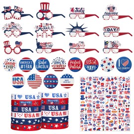 RAORAOYUE 48Pcs 4th of July Bracelets USA American Pin Photo Props Glasses Independence Day Temporary Tattoos Set, Red White and Blue Party Supplies for kids&teens Classroom Prizes Gifts