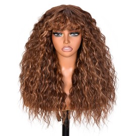 ISAMY Curly Wigs With Bangs for Women Lace Hairline Long Curly Burgundy Wig for Daily (Brown Highlight)