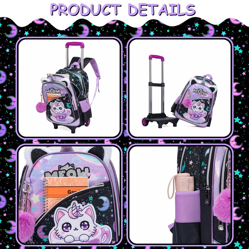 Oruiji Girls Rolling Backpack for Kids with Wheels,Cute Cat Lightweight