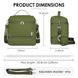 NOL Large Dual Compartment Insulated Lunch Bag for Women/Men Lightweight Nylon Waterproof Lunch Box Leakproof Cooler Tote Bag with Adjustable Shoulder Strap for Work,Amy green