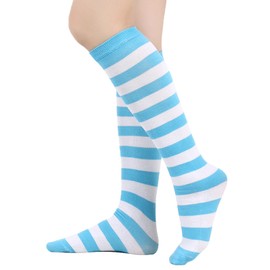 BAOKELAN Knee High Long Socks Striped Casual Thigh High Socks Light Blue White
