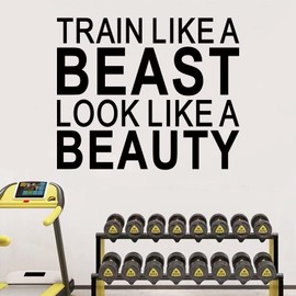 AnFigure Large Inspirational Gym Wall Stickers Motivational Quotes Sports Wall Decals Workout Fitness Art Vinyl Home Decor Train Like A Beast Look Like A Beauty 24"X20"