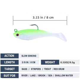 WUWYOUWL Fishing Lure Set, 5Pcs 8cm Soft Bait Head Sea Fish Lures Fishing Tackle Sharp Treble Hook T Tail Artificial Bait (Green)