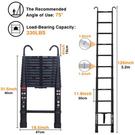 Qimu Telescoping Ladder 10.5FT Aluminum Extension Ladder with 2 Detachable Hooks - Multi-Purpose Portable Lightweight Ladder RV Collapsible Ladder, Anti-Slip Attic Ladder, Loft Ladder, 330 Lb Capacity
