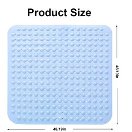 Shower Mat, 48 x 48 cm, Non-Slip Square Bath Mat, Hangers and Drainage Holes, Light Blue